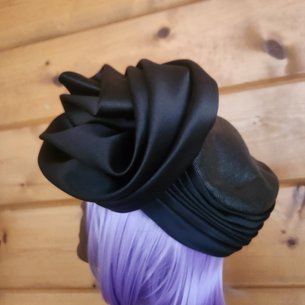 Vintage Mr. John Classic Pillbox Turban Satin Pleated Rosette Hat Church Party